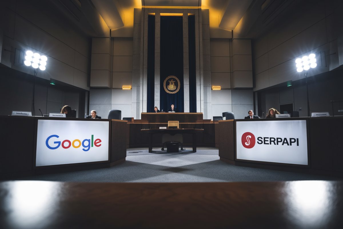 Salle d'audience avec logos Google et SerpApi