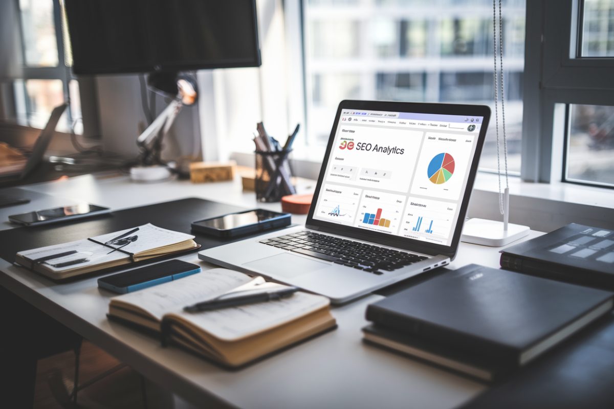 Bureau de marketing numérique moderne avec un ordinateur portable affichant des analyses SEO.