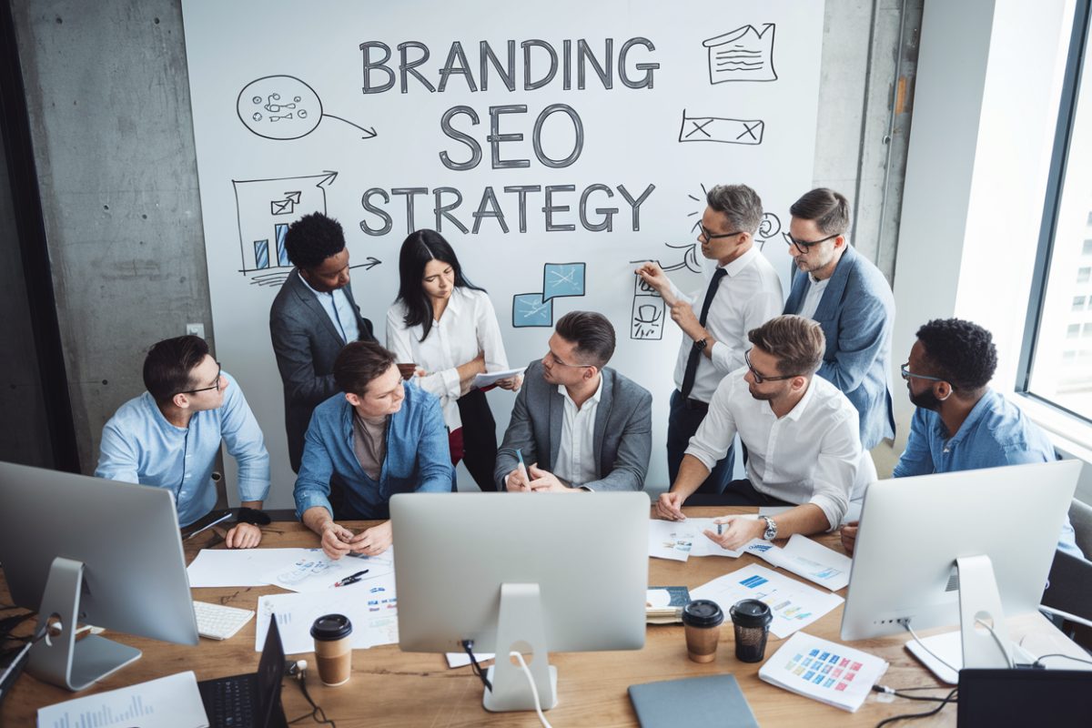 Équipe de marketing digital en réunion sur le branding et le SEO.
