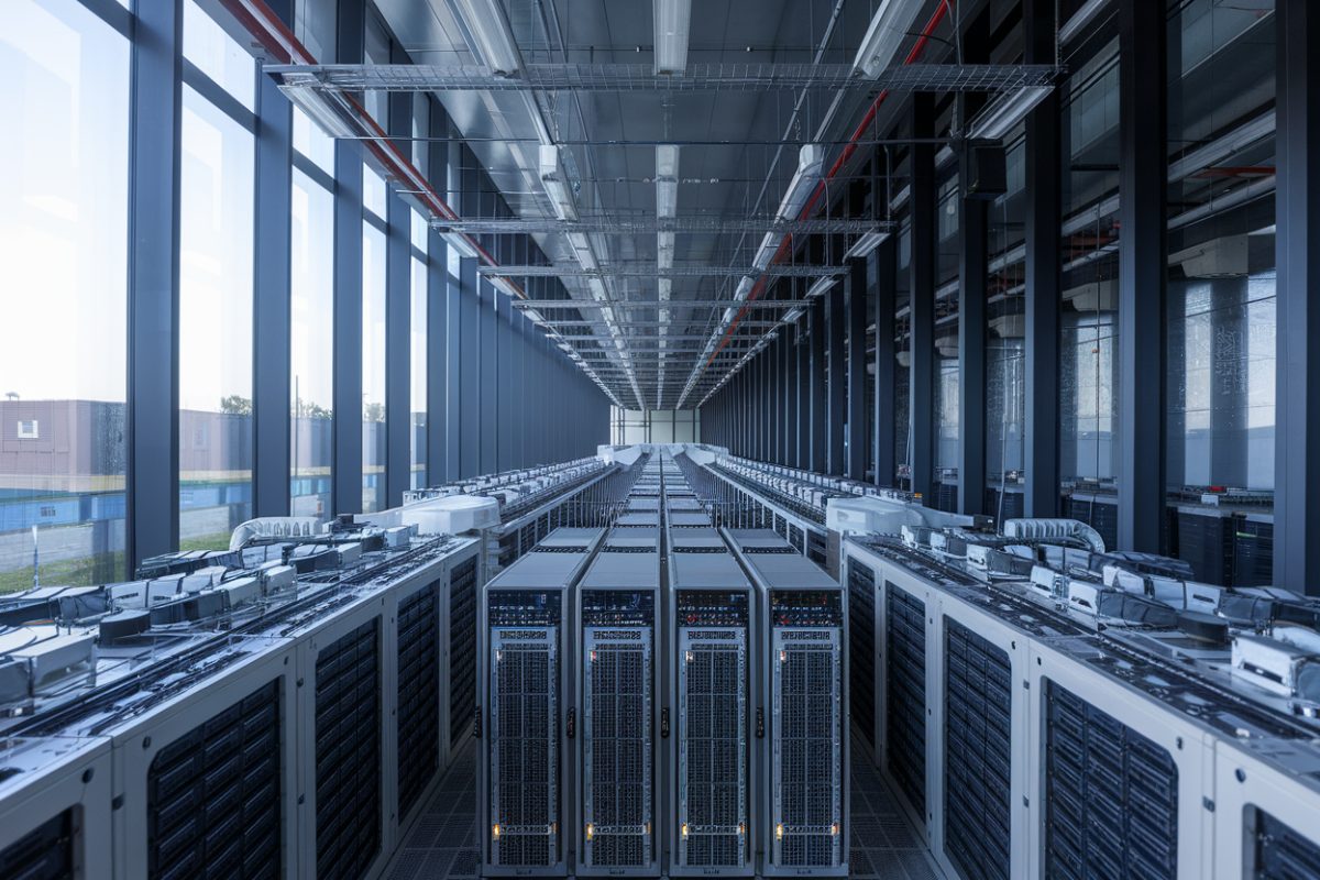Vue intérieure d'un centre de données avec des serveurs en rangées et des systèmes de refroidissement.