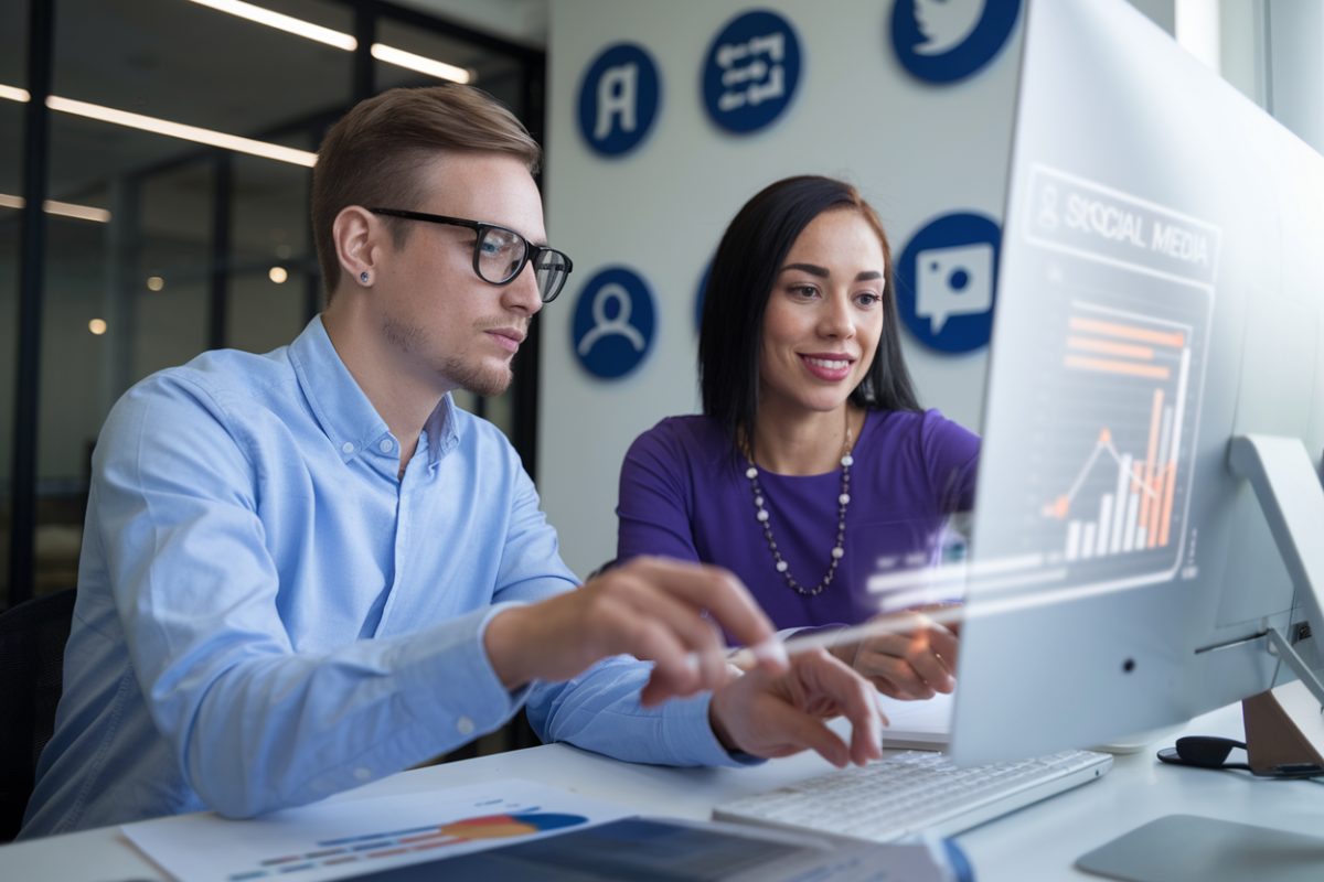 Collaboration entre équipes SEO et réseaux sociaux en marketing digital.
