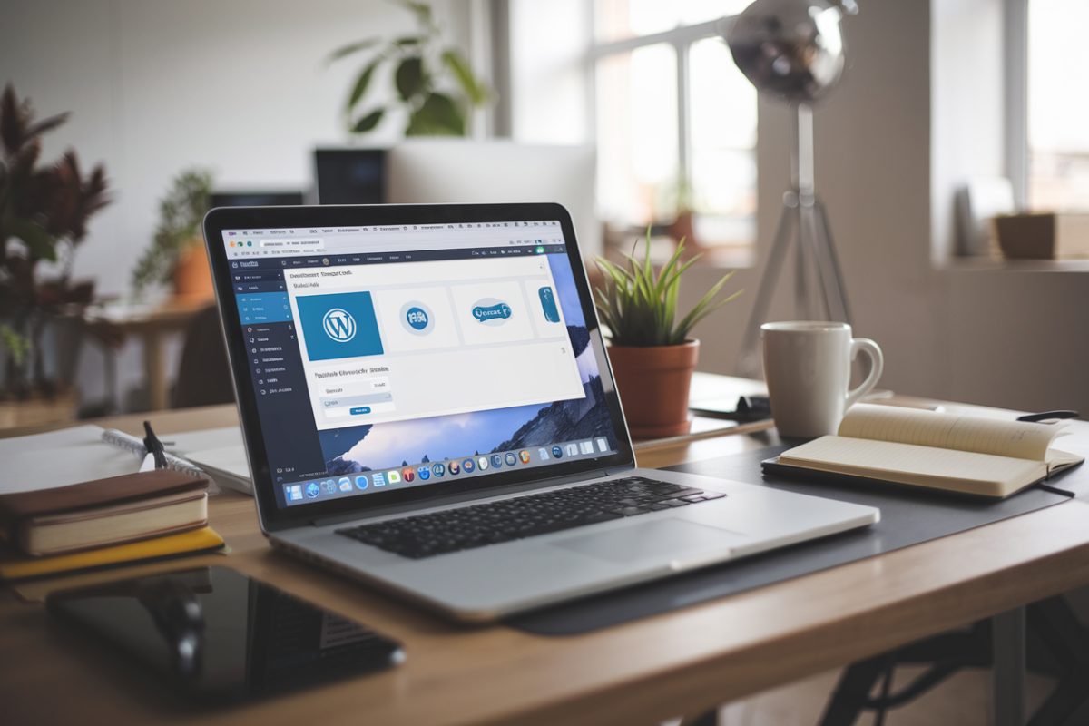 Installation d'un plugin WordPress pour le SEO AI sur un ordinateur portable.