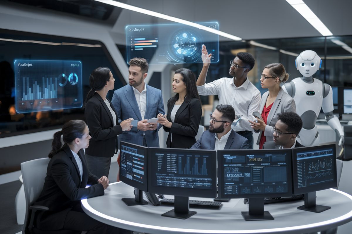Un bureau futuriste avec une équipe discutant des stratégies d'implémentation de l'IA.
