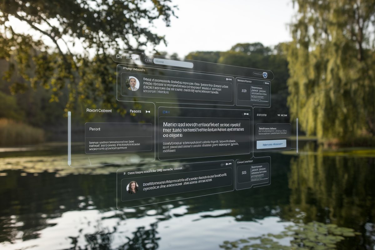 Interface numérique futuriste affichant des résultats de recherche avec contenu pertinent mis en avant.