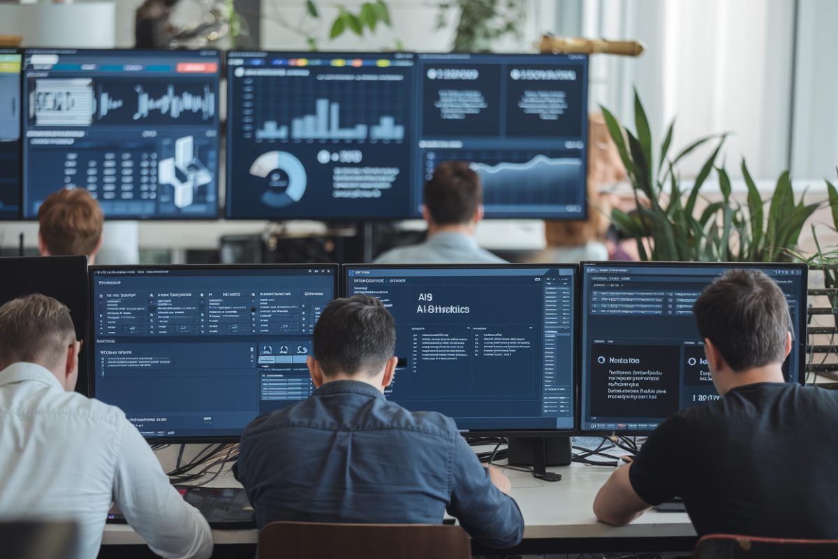 Salle de rédaction numérique avec des journalistes et des écrans d'analyse IA