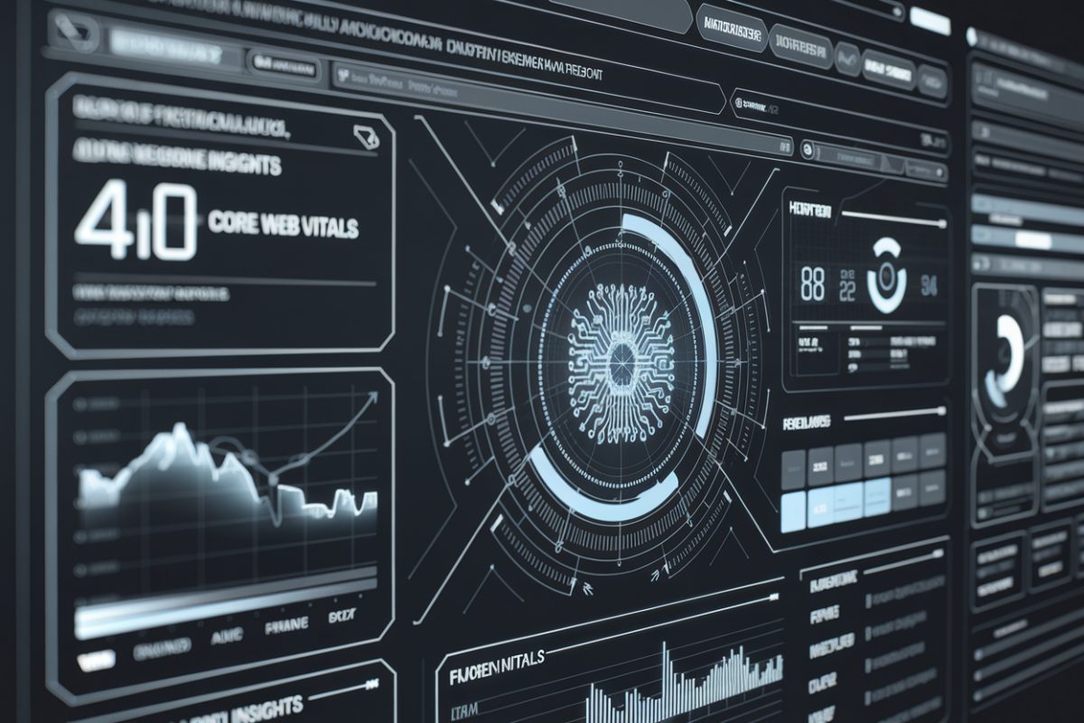 Interface de moteur de recherche futuriste avec métriques et IA