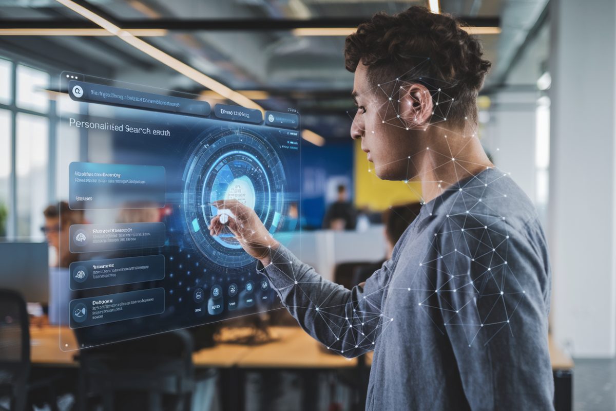 Interface numérique futuriste montrant un moteur de recherche IA
