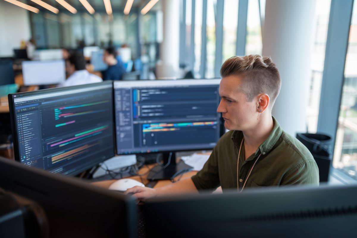 Un copywriter moderne utilisant des outils IA dans un bureau futuriste.