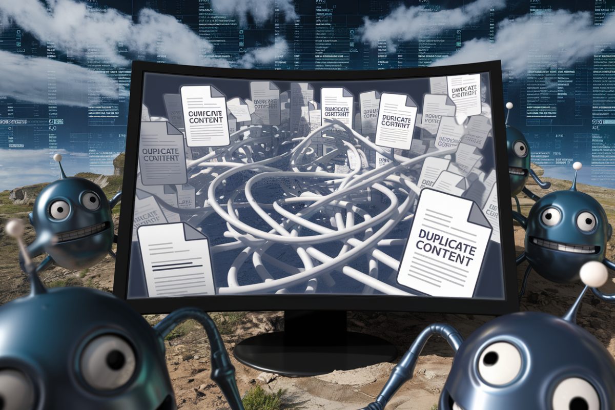 Illustration de contenu dupliqué en SEO avec des documents identiques sur un écran d'ordinateur.