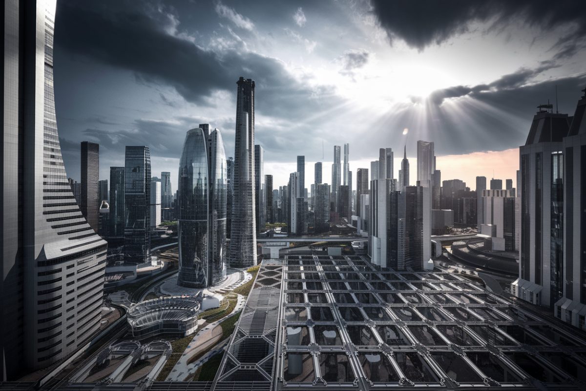 Un paysage urbain futuriste représentant les défis des géants de l'IA.