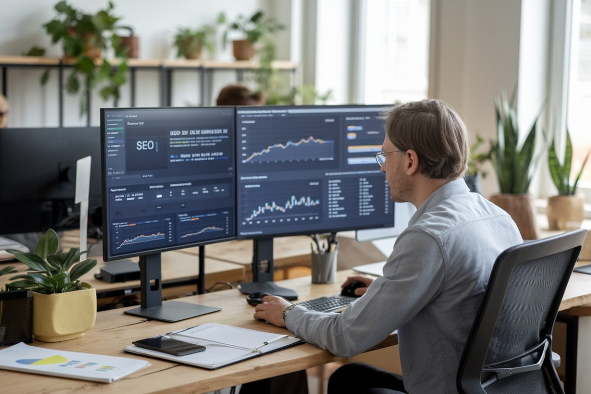 Consultant SEO analysant des données sur plusieurs écrans.