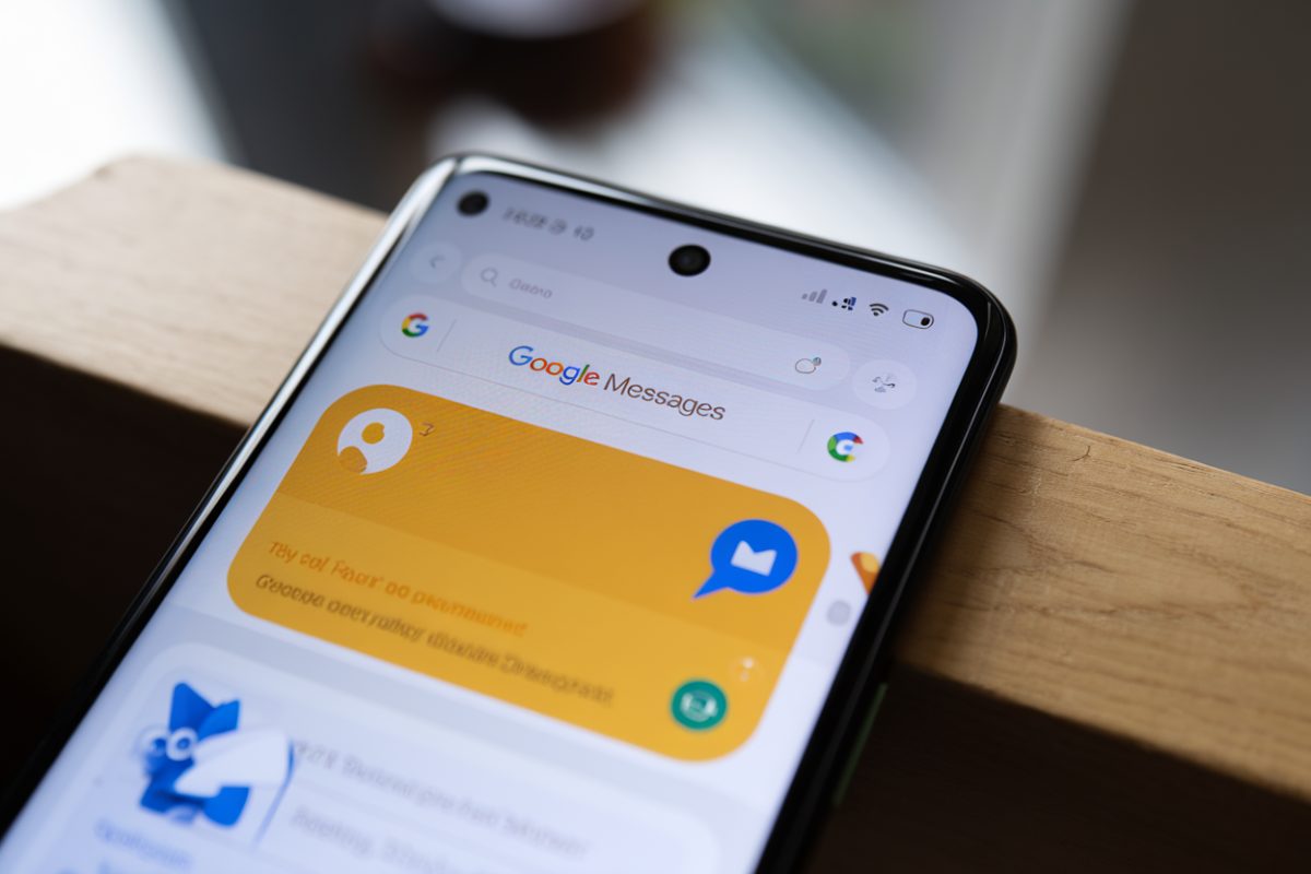Écran de smartphone avec application Google Messages et bouton Gemini