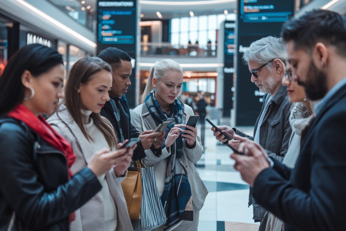 Des consommateurs consultent des recommandations IA sur leurs smartphones dans un centre commercial